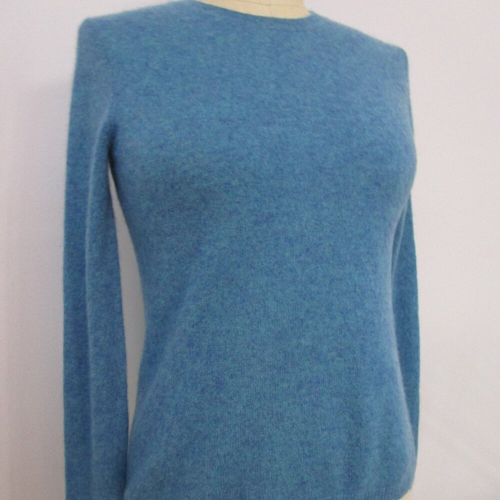 S Ellen Tracy CASHMERE Pullover Knit Sweater Crew Cuddly Fuzzy Heather Teal Blue